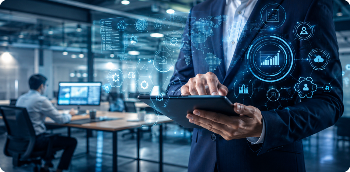 Executive reviewing enterprise technology dashboards
