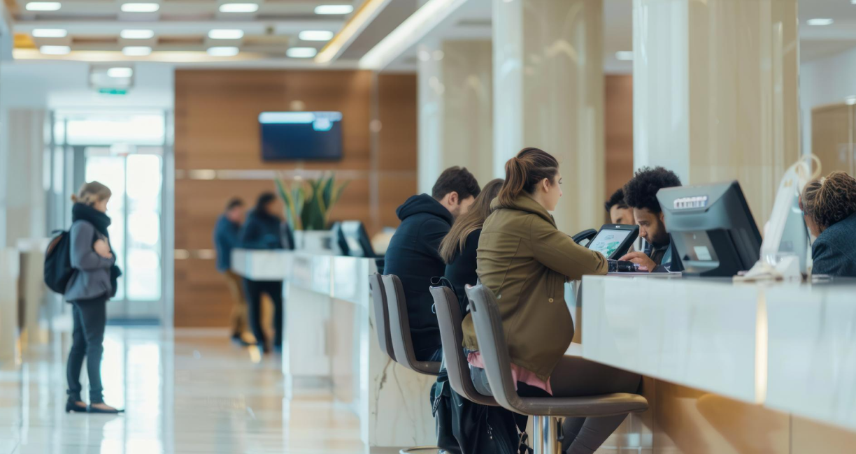 Banking service desk with customers