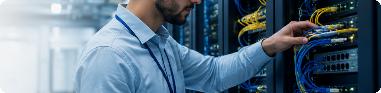 Engineer connecting network cables in a server room